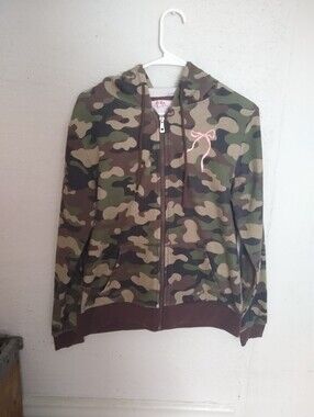 Camo Zip-Up Hoodie with Pink Bow Accent